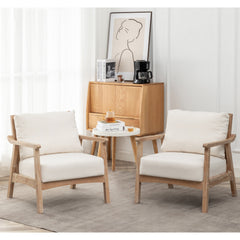 Armchairs, Set of 2, Beige Polyester with Solid Wood Legs