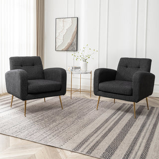 Armchairs, Set of 2, Black Boucle, Gold Metal Legs