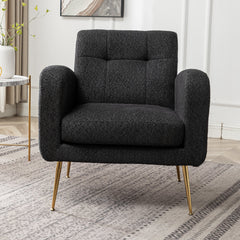 Armchairs, Set of 2, Black Boucle, Gold Metal Legs