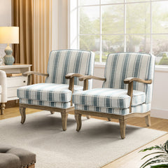 Armchairs, Set of 2, Blue Polyester with Brown Wood Legs