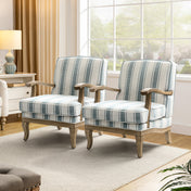 Armchairs, Set of 2, Blue Polyester with Brown Wood Legs