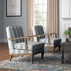 Armchairs, Set of 2, Blue Polyester with Brown Wood Legs