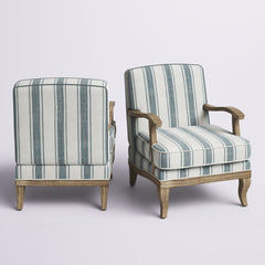 Armchairs, Set of 2, Blue Polyester with Brown Wood Legs