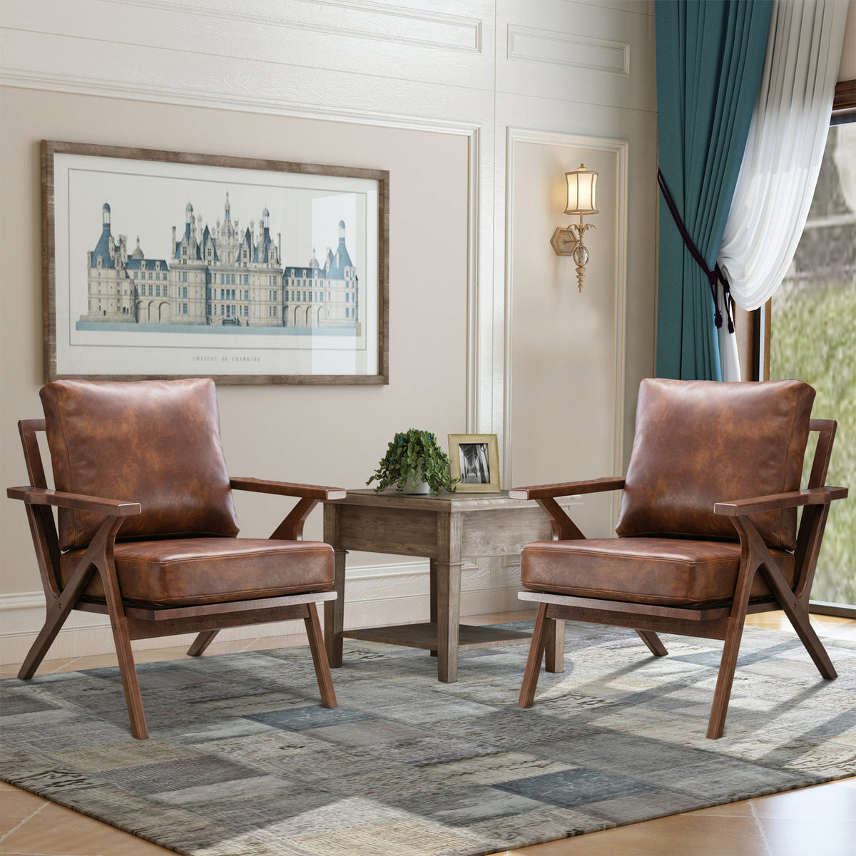 Armchairs, Set of 2, Brown Faux Leather with Solid Rubberwood Frame