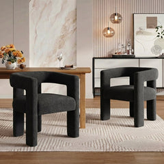 Armchairs, Set of 2, Charcoal Polyester Blend Boucle with Square Arms