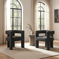 Armchairs, Set of 2, Charcoal Polyester Blend Boucle with Square Arms