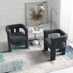 Armchairs, Set of 2, Charcoal Polyester Blend Boucle with Square Arms