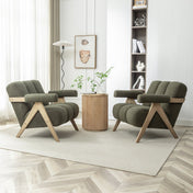 Armchairs, Set of 2, Green Polyester with Gray Wood Legs