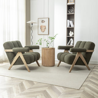 Armchairs, Set of 2, Green Polyester with Gray Wood Legs