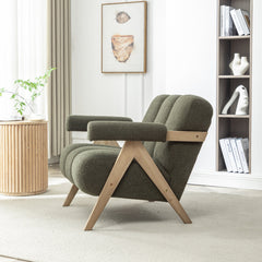 Armchairs, Set of 2, Green Polyester with Gray Wood Legs