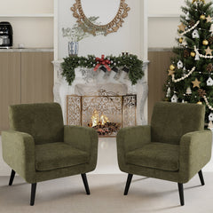 Armchairs, Set of 2, Moss Green Chenille with Black Wood Legs