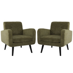 Armchairs, Set of 2, Moss Green Chenille with Black Wood Legs