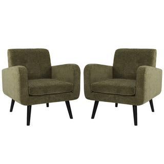 Armchairs, Set of 2, Moss Green Chenille with Black Wood Legs