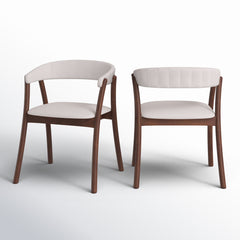 Armchairs, Set of 2, Off-White Polyester Blend, Walnut Rubberwood Legs