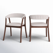 Armchairs, Set of 2, Off-White Polyester Blend, Walnut Rubberwood Legs