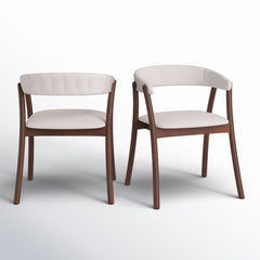 Armchairs, Set of 2, Off-White Polyester Blend, Walnut Rubberwood Legs