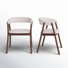 Armchairs, Set of 2, Off-White Polyester Blend, Walnut Rubberwood Legs