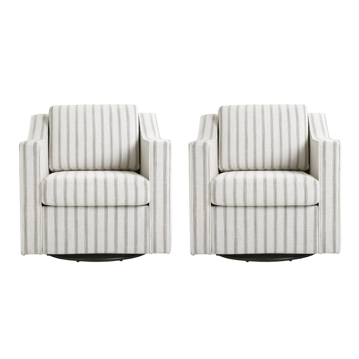 Armchairs, Set of 2, Pinstripe Gray Cotton Blend with Black Metal Legs