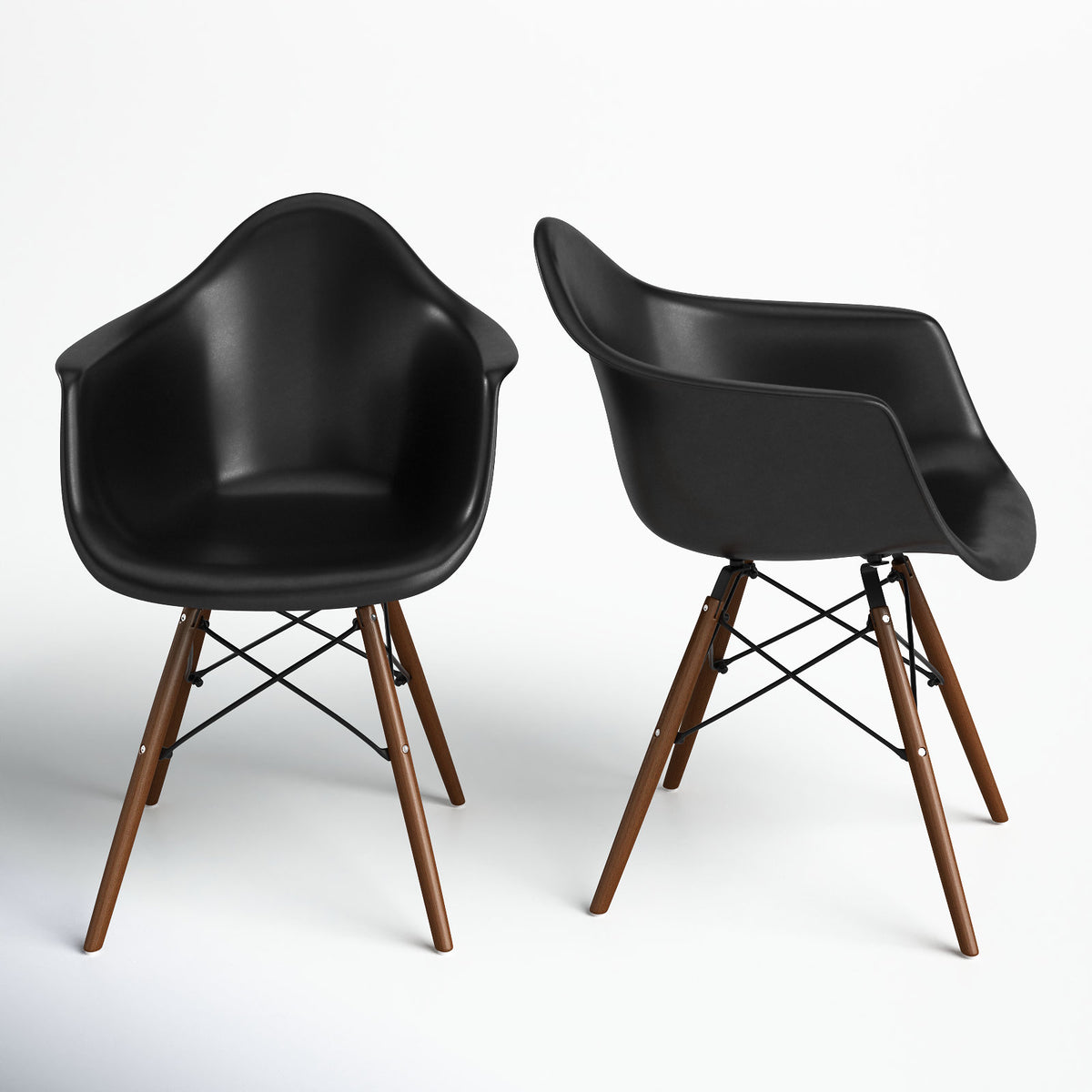 Armchairs, Set of 2, Plastic Seat with Wood Legs in White/Natural