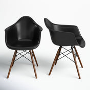 Armchairs, Set of 2, Plastic Seat with Wood Legs in White/Natural