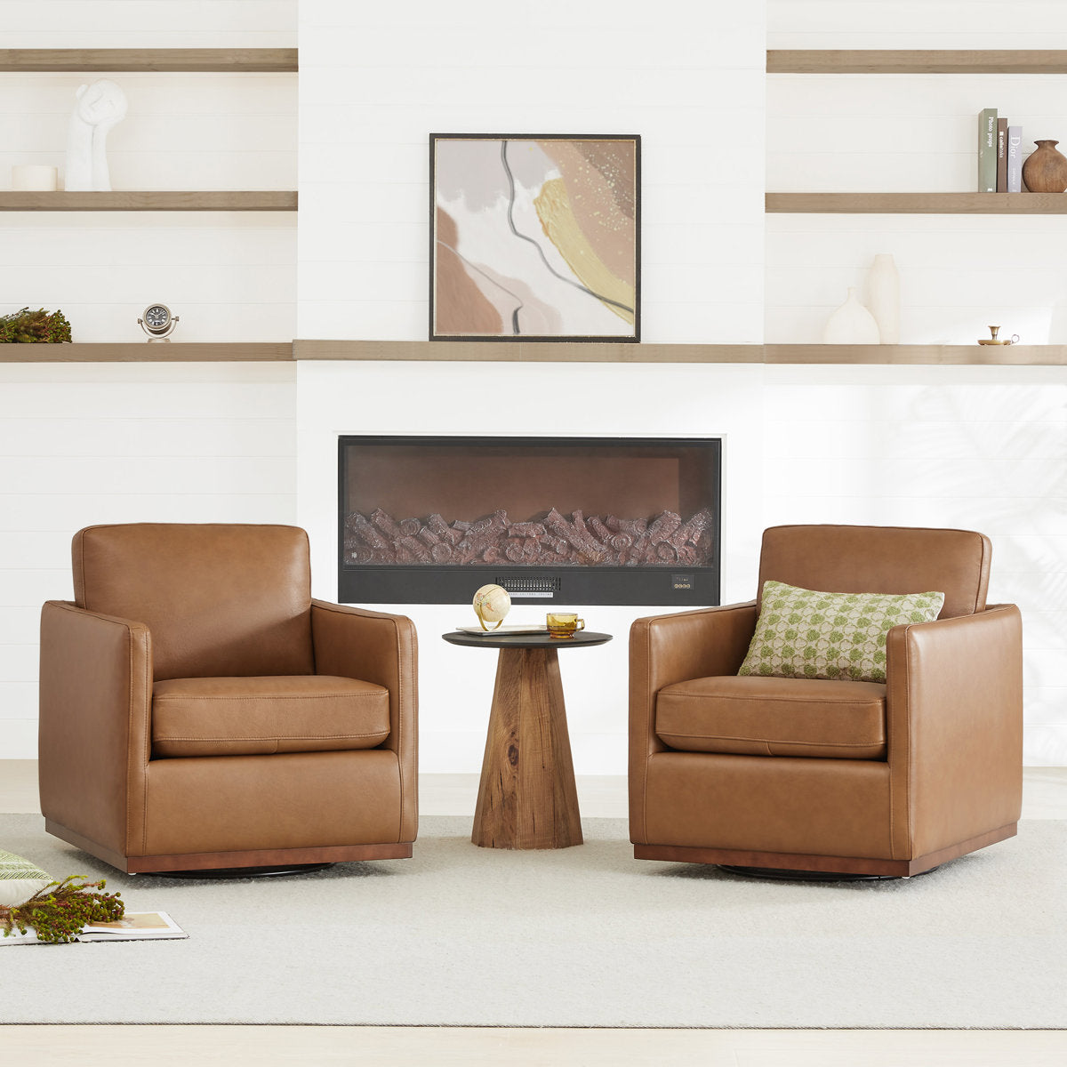 Armchairs, Set of 2, Saddle Brown Genuine Leather with Black Metal Legs
