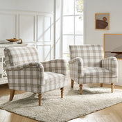 Armchairs, Set of 2, Tan Plaid Polyester with Brown Wood Legs