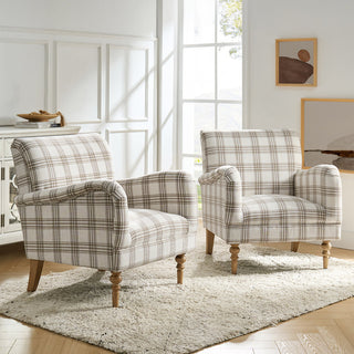 Armchairs, Set of 2, Tan Plaid Polyester with Brown Wood Legs