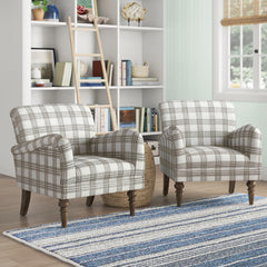 Armchairs, Set of 2, Tan Plaid Polyester with Brown Wood Legs
