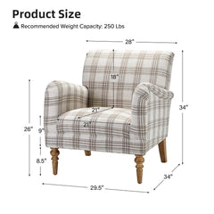 Armchairs, Set of 2, Tan Plaid Polyester with Brown Wood Legs
