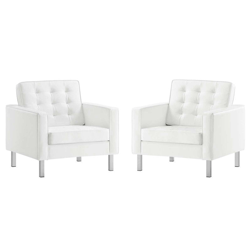 Armchairs, Set of 2, White Faux Leather with Silver Metal Legs