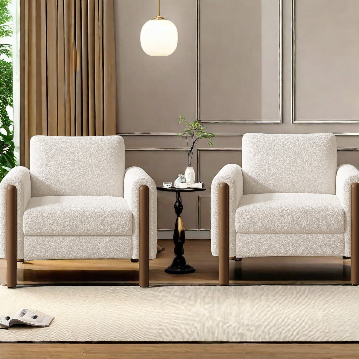 Armchairs, Set of 2, White Teddy Upholstery with Walnut Wood Legs