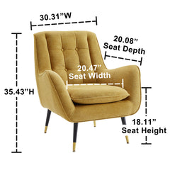 Armchairs, Set of 2, Yellow Polyester Blend with Gold and Black Metal Legs
