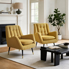 Armchairs, Set of 2, Yellow Polyester Blend with Gold and Black Metal Legs