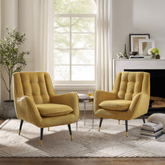 Armchairs, Set of 2, Yellow Polyester Blend with Gold and Black Metal Legs