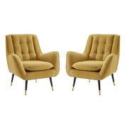 Armchairs, Set of 2, Yellow Polyester Blend with Gold and Black Metal Legs