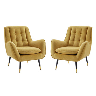 Armchairs, Set of 2, Yellow Polyester Blend with Gold and Black Metal Legs