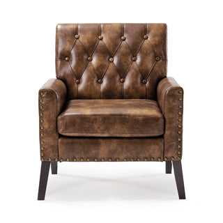 Armchairs, Set of 2, Yellowish-Brown Faux Leather with Dark Brown Wood Legs
