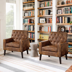 Armchairs, Set of 2, Yellowish-Brown Faux Leather with Dark Brown Wood Legs