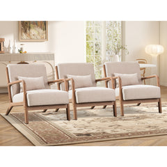 Armchairs, Set of 3, Beige Linen Blend with Rubberwood Legs