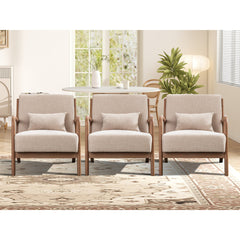 Armchairs, Set of 3, Beige Linen Blend with Rubberwood Legs