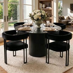 Armchairs, Set of 4, Black Velvet with Matte Black Metal Legs