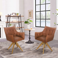 Armchairs, Set of 4, Faux Leather with Light Yellow Wood Legs