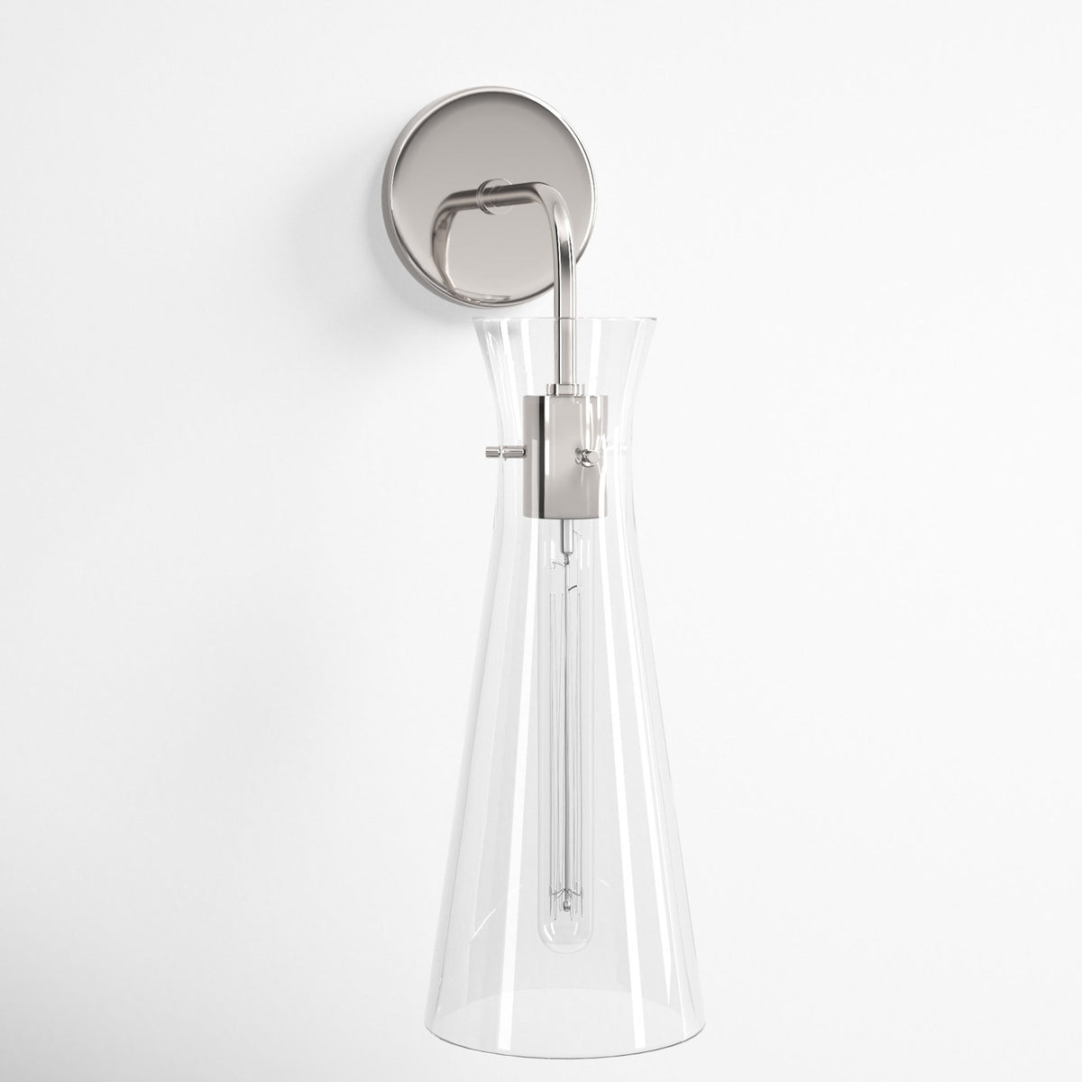 Armed Sconce, 1 Light, Polished Nickel Steel with Clear Glass Shade