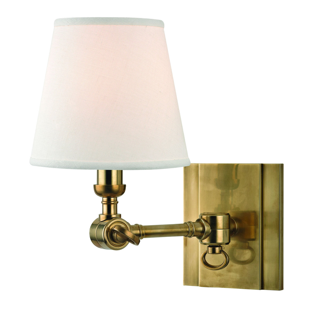 Armed Sconce, Solid Brass with White Linen Shade in Aged Brass
