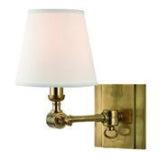 Armed Sconce, Solid Brass with White Linen Shade in Aged Brass