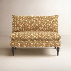 Armless Loveseat, Ochre Floral Cotton, Espresso Wood Legs