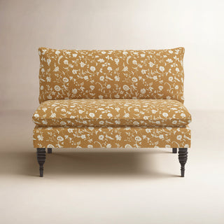 Armless Loveseat, Ochre Floral Cotton, Espresso Wood Legs