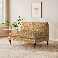 Armless Loveseat, Ochre Floral Cotton, Espresso Wood Legs