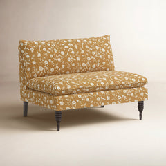 Armless Loveseat, Ochre Floral Cotton, Espresso Wood Legs