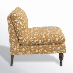 Armless Loveseat, Ochre Floral Cotton, Espresso Wood Legs